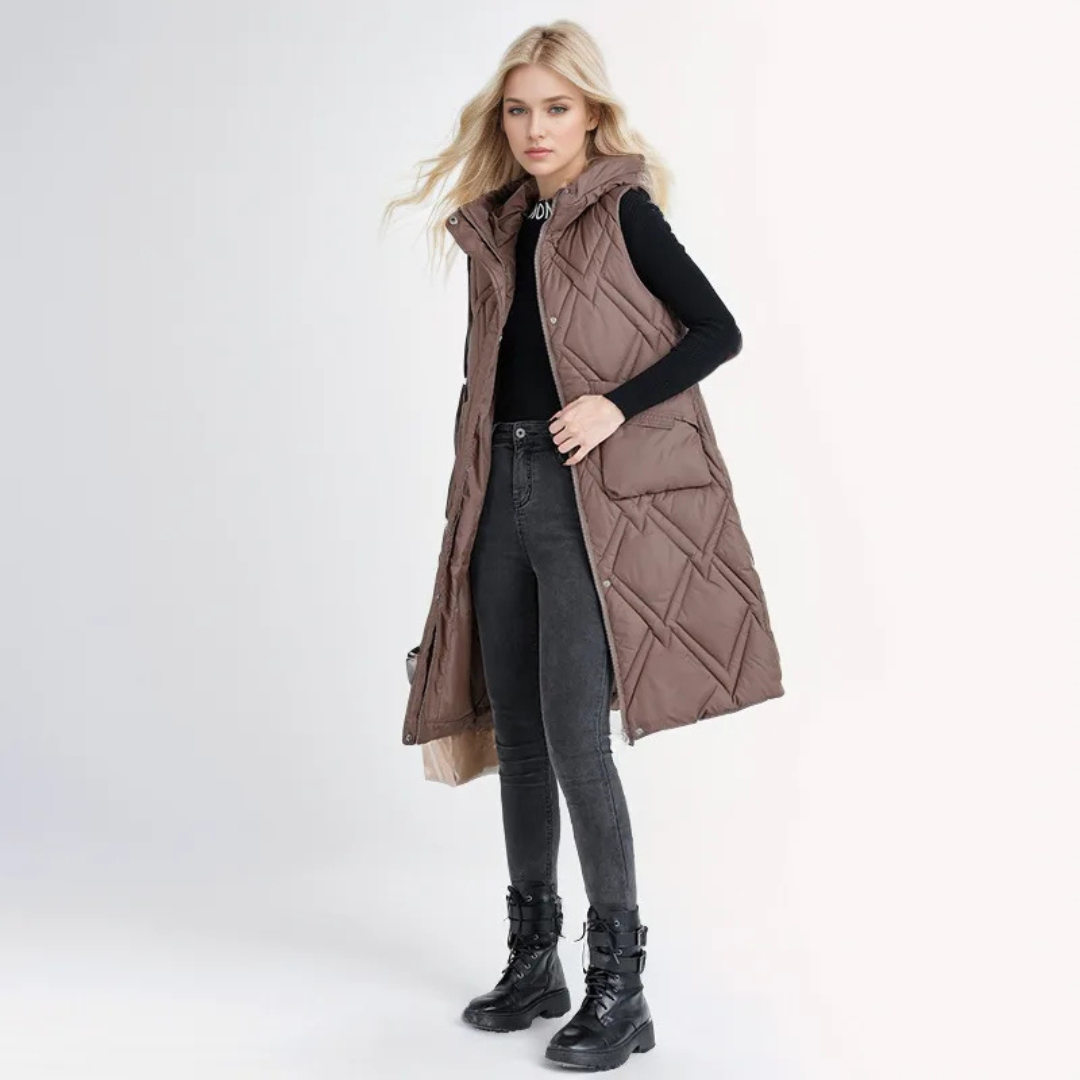 Lange Steppweste für kalte Tage - Puffer Daunenweste mit Kapuze für Damen