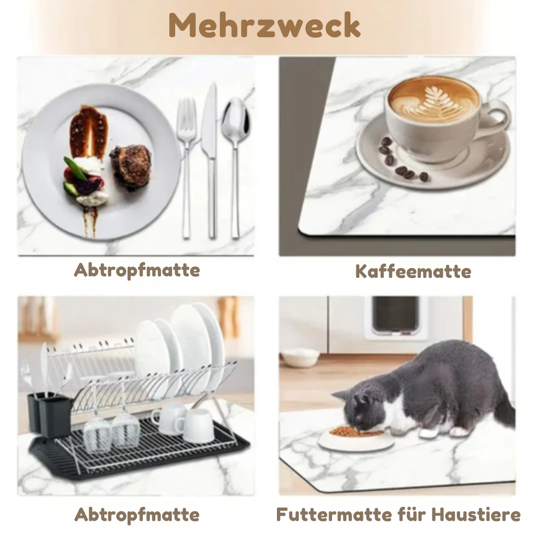 Premium Marmordruck Geschirrtrockenmatte | Spritzwasserfeste Küchenmatte mit Antirutschbasis