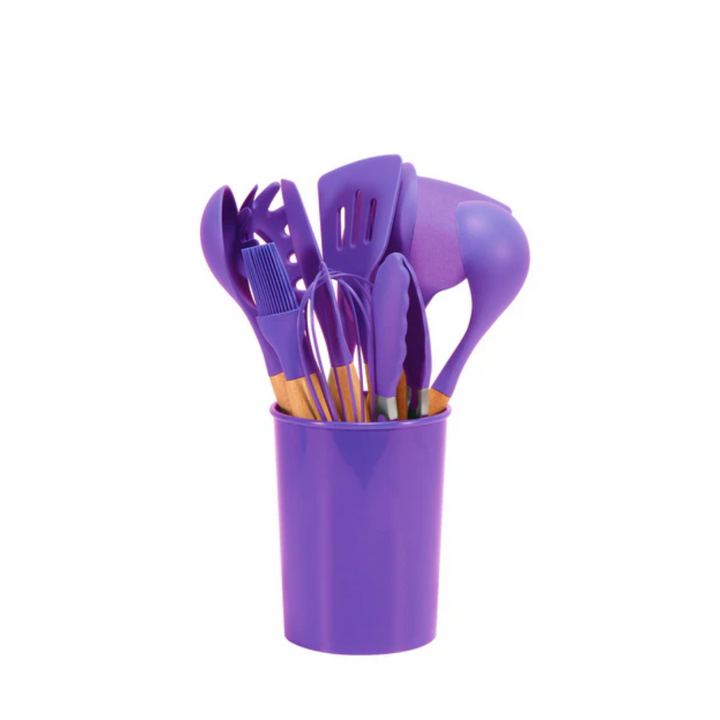 Silikon Küchenutensilien Set | Hitzebeständiges 12-teiliges Kochgeschirr mit Bambusgriffen