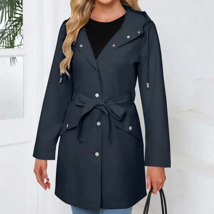 Regenjacke für den Herbst - Wasserfeste Lange Übergangsjacke mit Gürtel und Kapuze für Damen