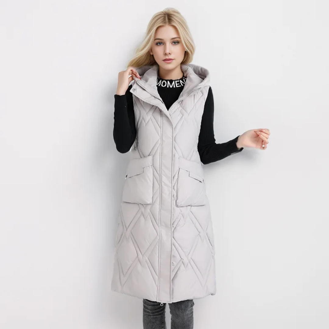 Lange Steppweste für kalte Tage - Puffer Daunenweste mit Kapuze für Damen