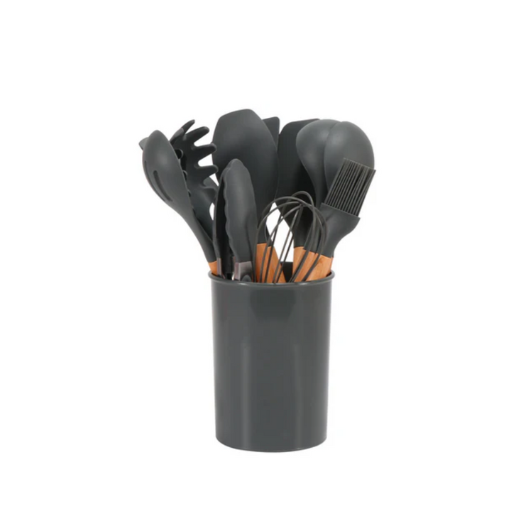 Silikon Küchenutensilien Set | Hitzebeständiges 12-teiliges Kochgeschirr mit Bambusgriffen