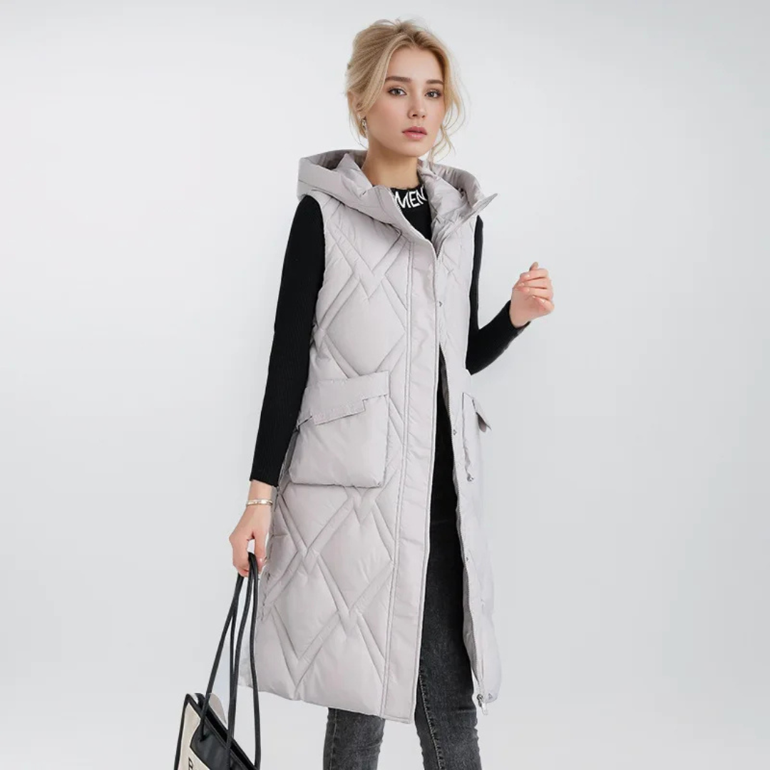 Lange Steppweste für kalte Tage - Puffer Daunenweste mit Kapuze für Damen