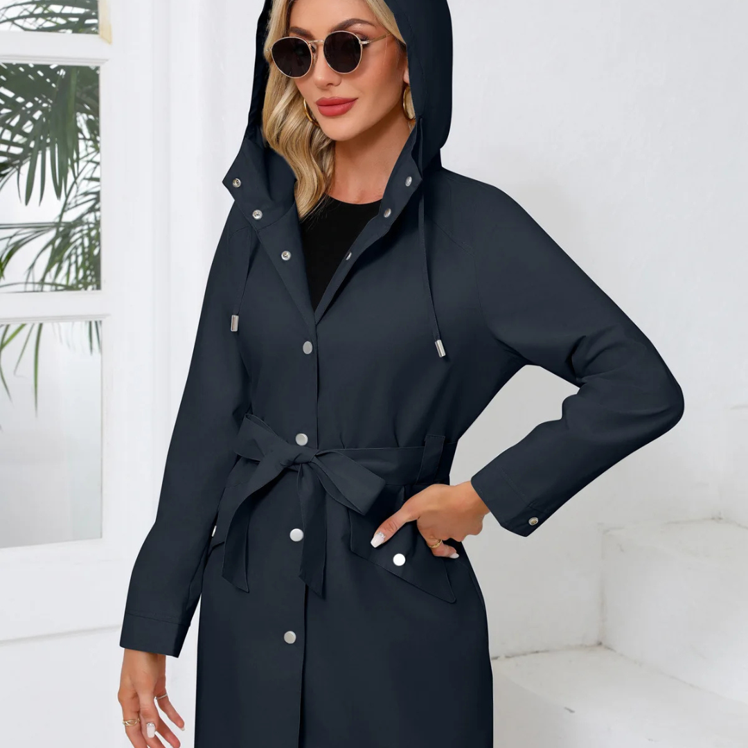Regenjacke für den Herbst - Wasserfeste Lange Übergangsjacke mit Gürtel und Kapuze für Damen