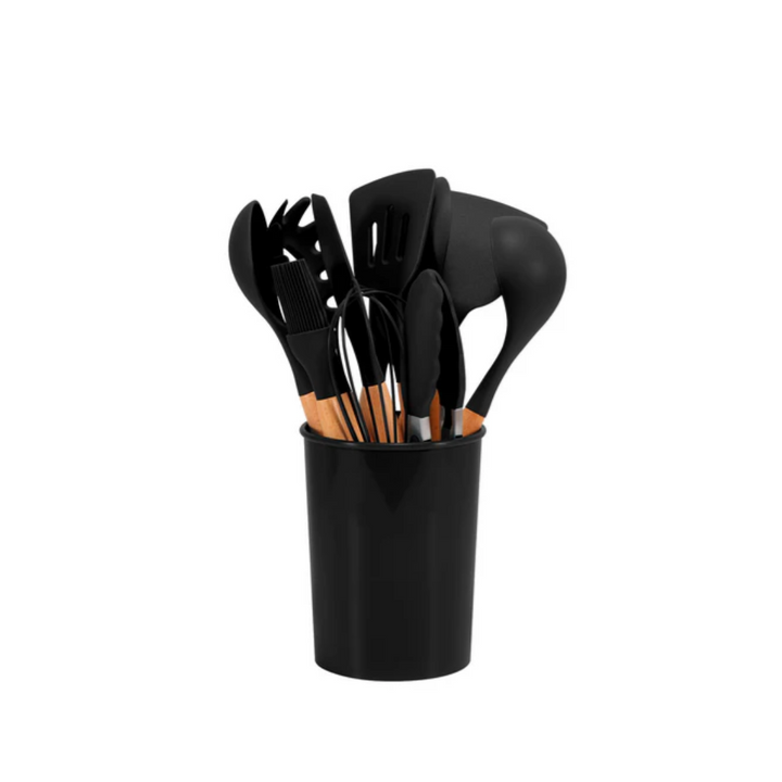 Silikon Küchenutensilien Set | Hitzebeständiges 12-teiliges Kochgeschirr mit Bambusgriffen