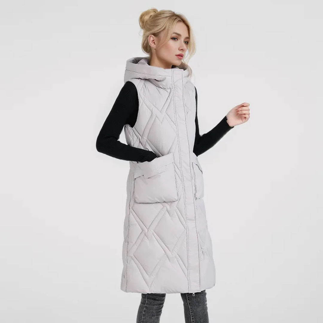 Lange Steppweste für kalte Tage - Puffer Daunenweste mit Kapuze für Damen