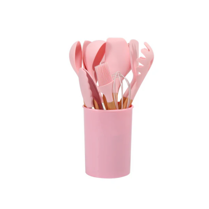 Silikon Küchenutensilien Set | Hitzebeständiges 12-teiliges Kochgeschirr mit Bambusgriffen