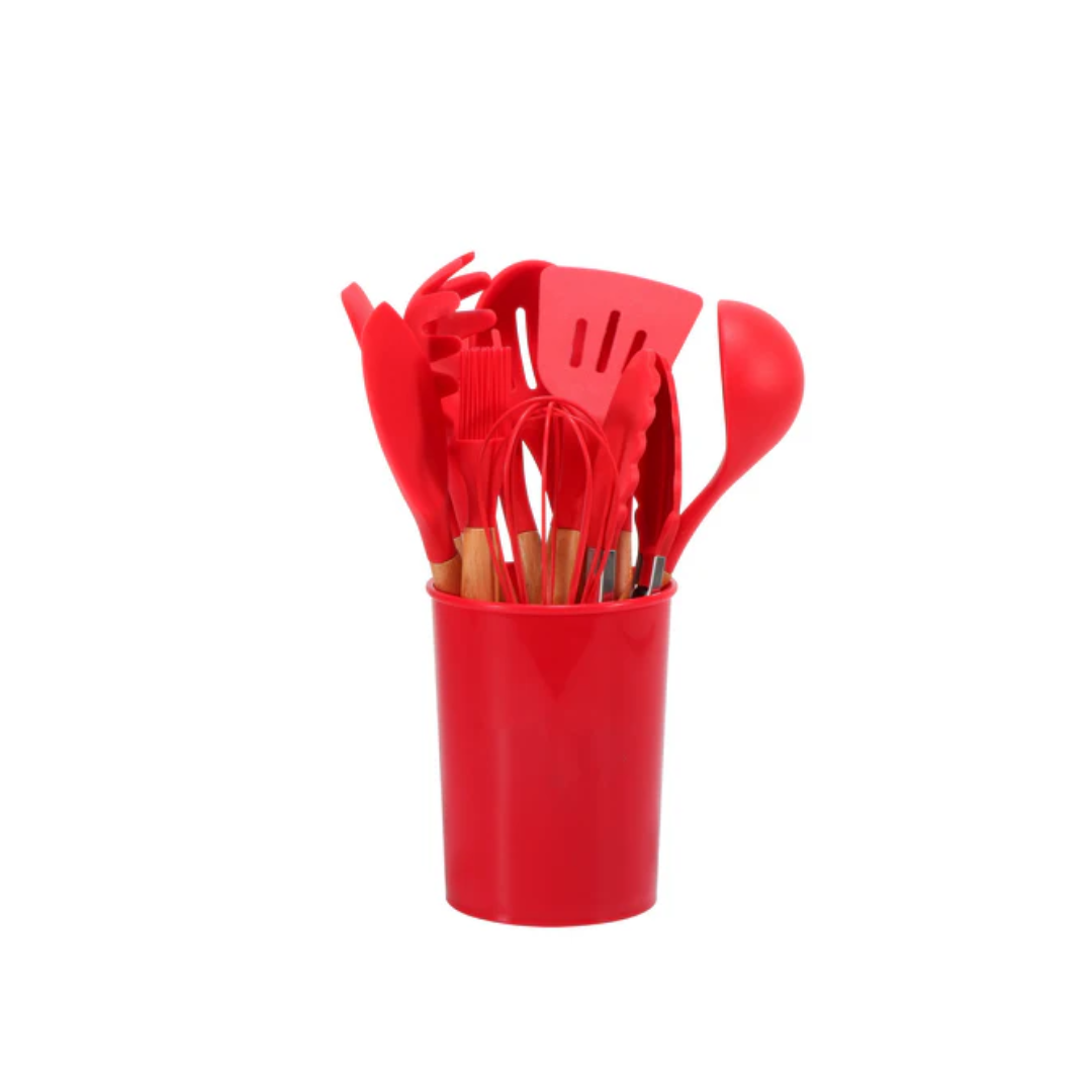 Silikon Küchenutensilien Set | Hitzebeständiges 12-teiliges Kochgeschirr mit Bambusgriffen