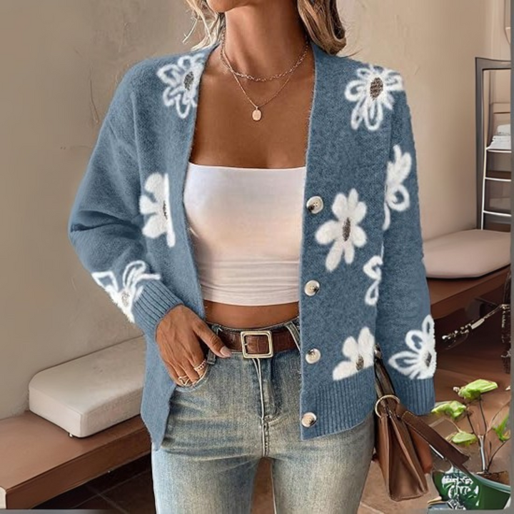 Irma-Strickjacke | Leichte Strickjacke mit überschnittenen Schultern und Blumenmuster