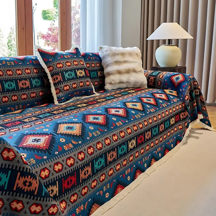 Boho Sofaüberwurf | Vintage-Sofaschutz mit geometrischem Muster und Chenille-Material