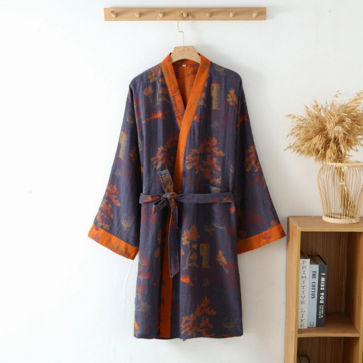 Luxuriöser Kimono-Bademantel aus reiner Baumwolle im Retro-Stil