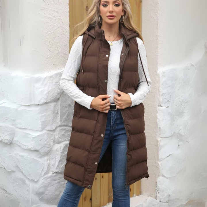 Lange Steppweste für kalte Tage - Warme Daunenweste mit Kapuze für Damen