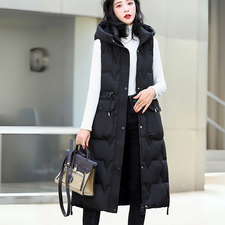 Lange Steppweste für kalte Tage - Stilvolle Daunenweste mit Kapuze für Damen