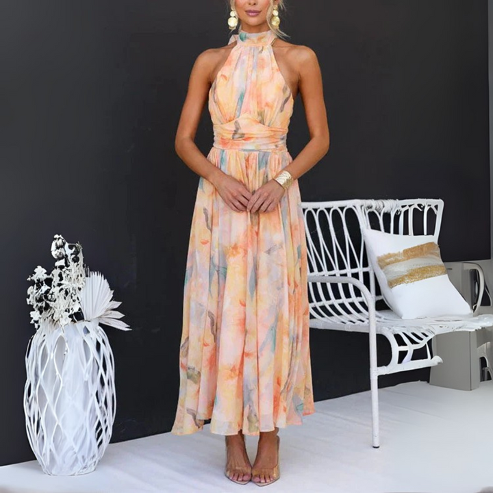 Sommer Kleid Damen - Elegantes Maxikleid mit Halterneck und Aquarelldruck