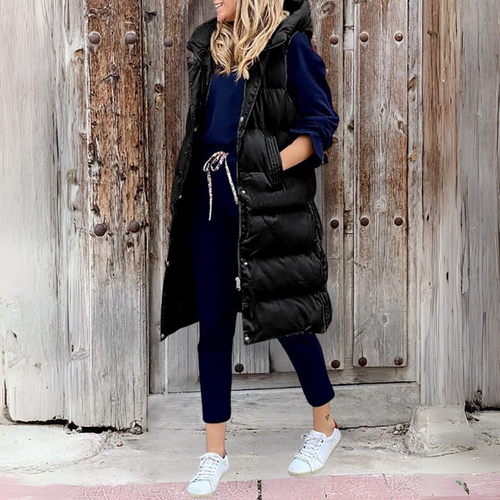 Steppweste für den Herbst - Stilvolle lange Daunenweste mit Kapuze für Damen