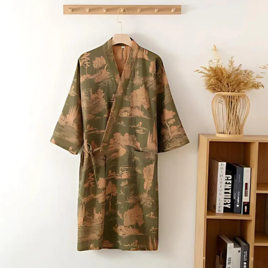 Kimono-Bademantel mit Waldmotiv aus weicher Baumwolle