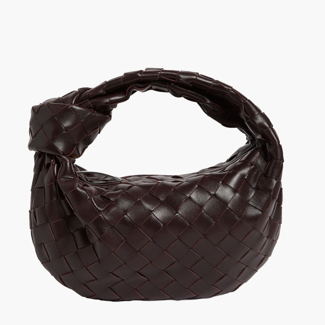 Dunkelbraune, geflochtene Lederhandtasche mit rundem Griff, modisches Accessoire, luxuriöses Design, ideal für stilvolle Damen.