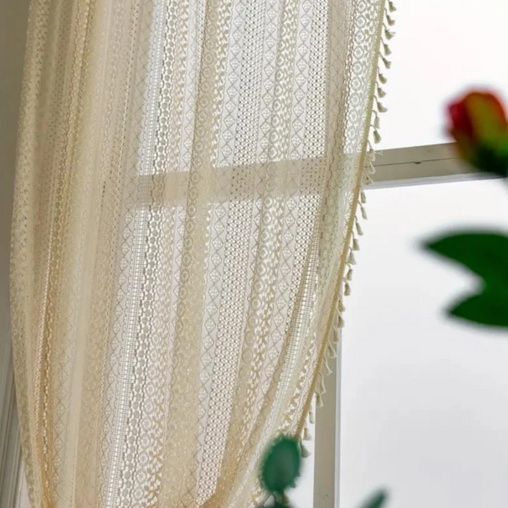 Böhmischer Häkelvorhang | Vintage-Fenstervorhang mit Quasten und geometrischem Muster
