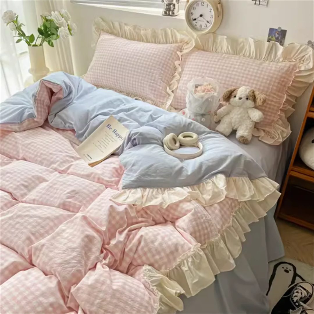 Gingham Rüschen-Bettwäsche-Set | Verspieltes Karo im Landhausstil