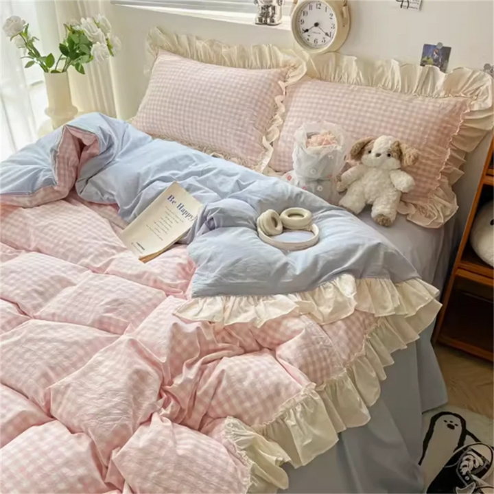 Gingham Rüschen-Bettwäsche-Set | Verspieltes Karo im Landhausstil