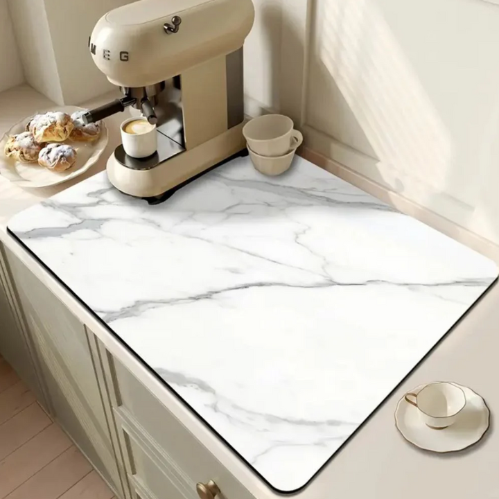 Premium Marmordruck Geschirrtrockenmatte | Spritzwasserfeste Küchenmatte mit Antirutschbasis