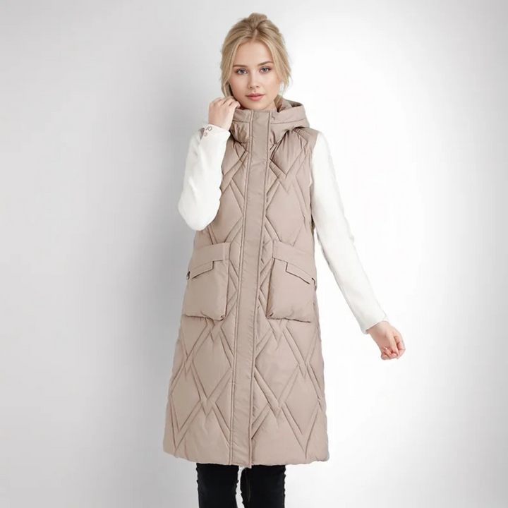 Lange Steppweste für kalte Tage - Puffer Daunenweste mit Kapuze für Damen