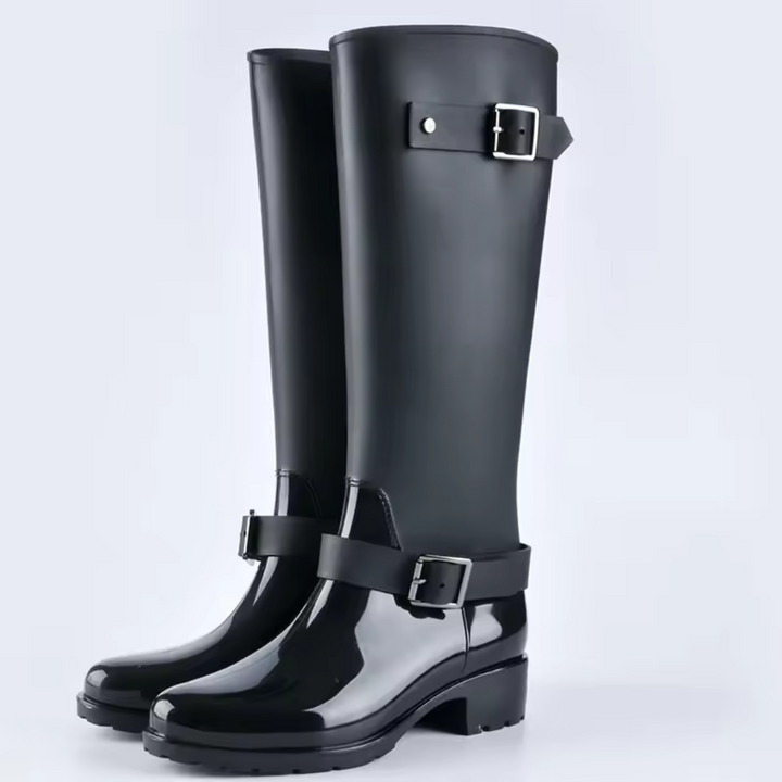 Regenstiefel für den Herbst - Wasserdichte hohe Gummistiefel mit Schnallen und Absatz für Damen