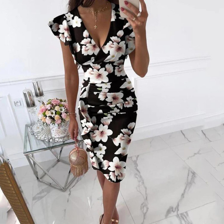 Amelia Kleid | Elegantes Kleid mit V-Ausschnitt, Blumenmuster und plissierten Ärmeln