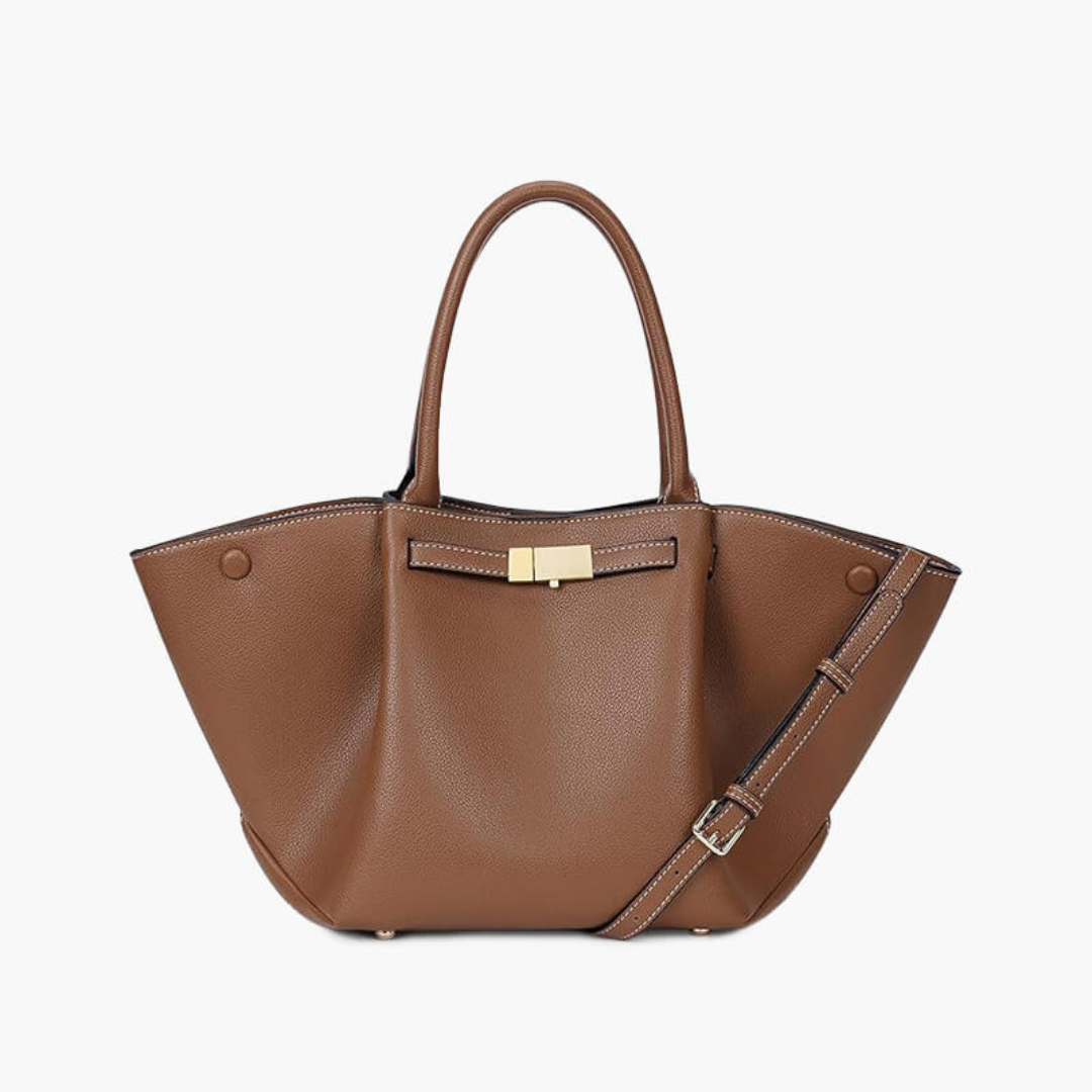 Braune Lederhandtasche mit goldener Schnalle und abnehmbarem Schulterriemen, elegantes Design, ideal für Damenmode und Accessoires.