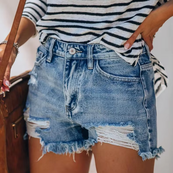 Zoe Jeansshorts | Damen Destroyed Denim Shorts High-Waist Vintage Look Fransen & Risse