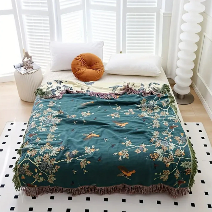 Ornate Mehrschicht-Baumwolldecke | Luxuriöse Wohndecke mit Jacquard-Muster und Quasten