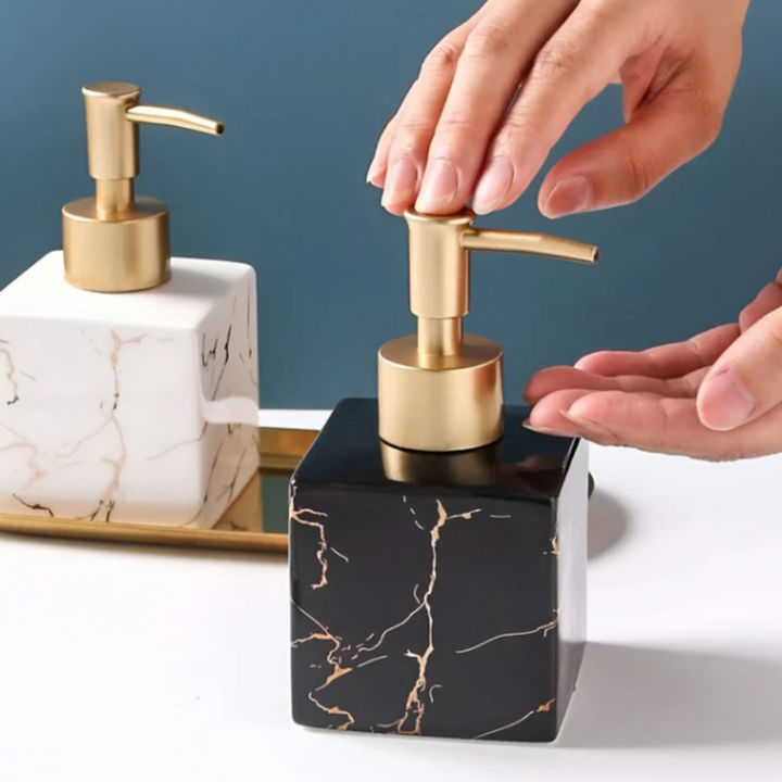 Luxus Marmor-Seifenspender | Eleganter Keramikspender mit Goldpumpe für Bad und Küche