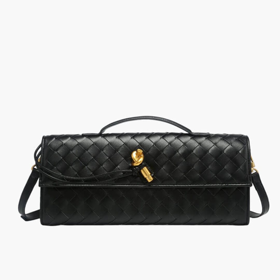 Schwarze Designer-Handtasche mit geflochtenem Leder, goldenen Akzenten und abnehmbarem Schulterriemen. Luxuriöse Modeaccessoire für Damen.