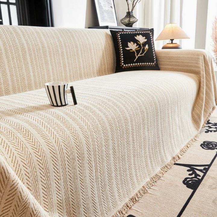 Herringbone Sofaüberwurf | Elegante Chenille Sofahusse mit Fransen