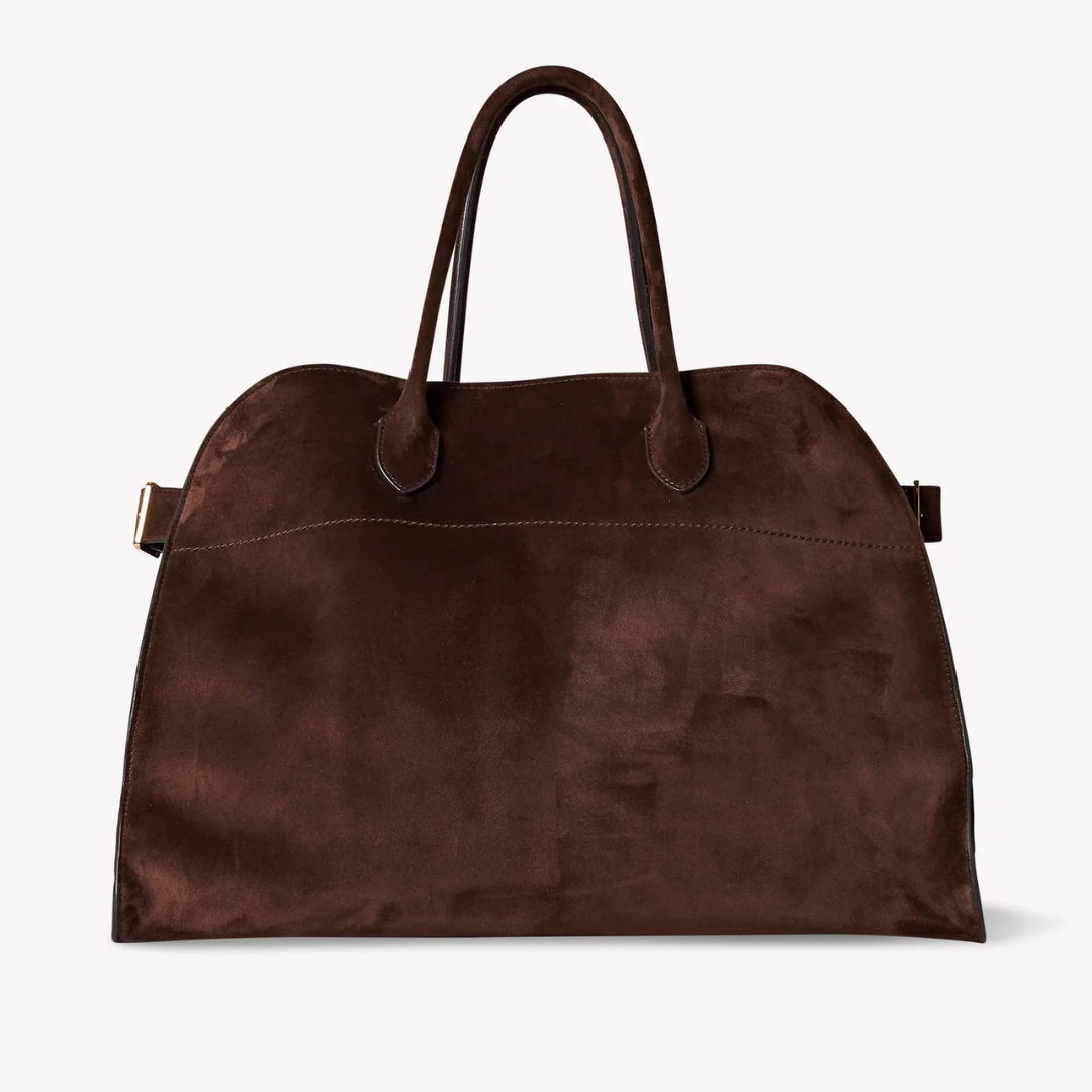 Braune Wildleder-Handtasche mit zwei Griffen, elegantes Design, geräumig, ideal für Damenmode, stilvolles Accessoire für den Alltag.