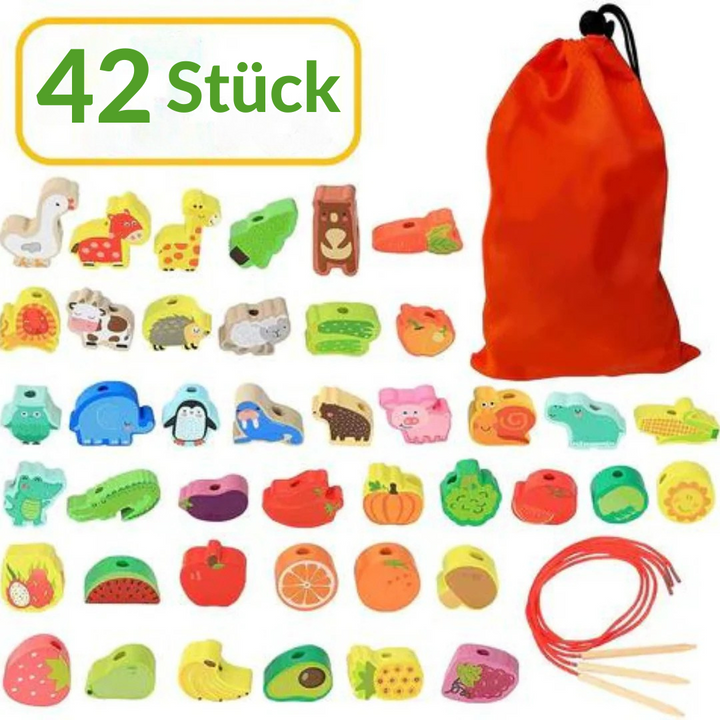 Frucht Fädelspiel | Montessori Spielzeug mit Obst, Tieren und Gemüse
