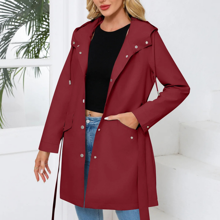 Regenjacke für den Herbst - Wasserfeste Lange Übergangsjacke mit Gürtel und Kapuze für Damen