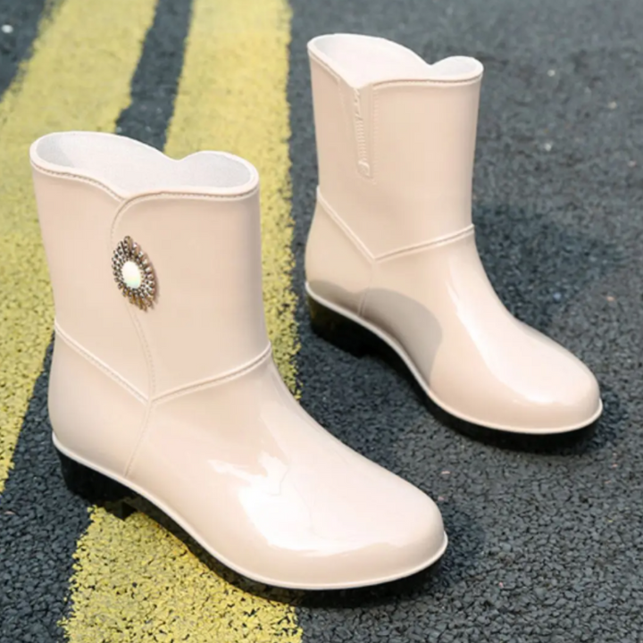 Regenstiefel für den Herbst - Wasserdichte Gummistiefel mit Blumen-Dekor und Profilsohle für Damen