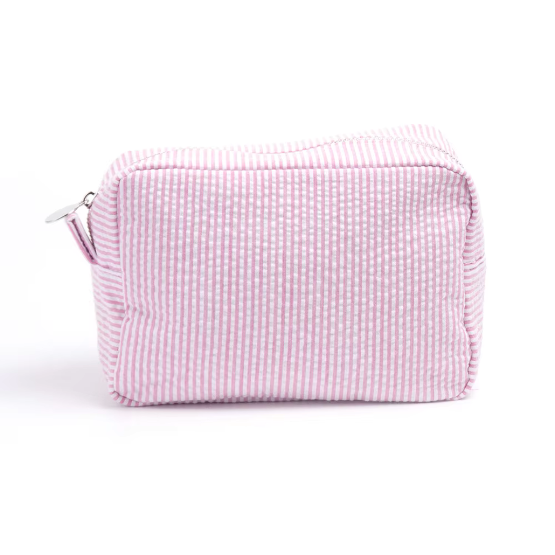 Rosa-weiß gestreifte Kosmetiktasche aus Stoff mit Reißverschluss, ideal für Reisen und Aufbewahrung von Make-up und Pflegeprodukten.