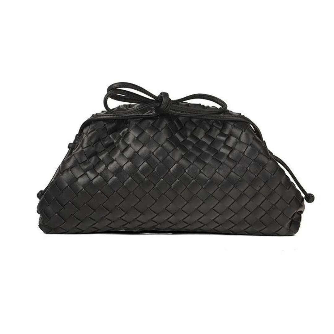 Schwarze geflochtene Lederhandtasche mit Kordelzug, elegantes Design, modisches Accessoire, ideal für Damen, hochwertiges Material.