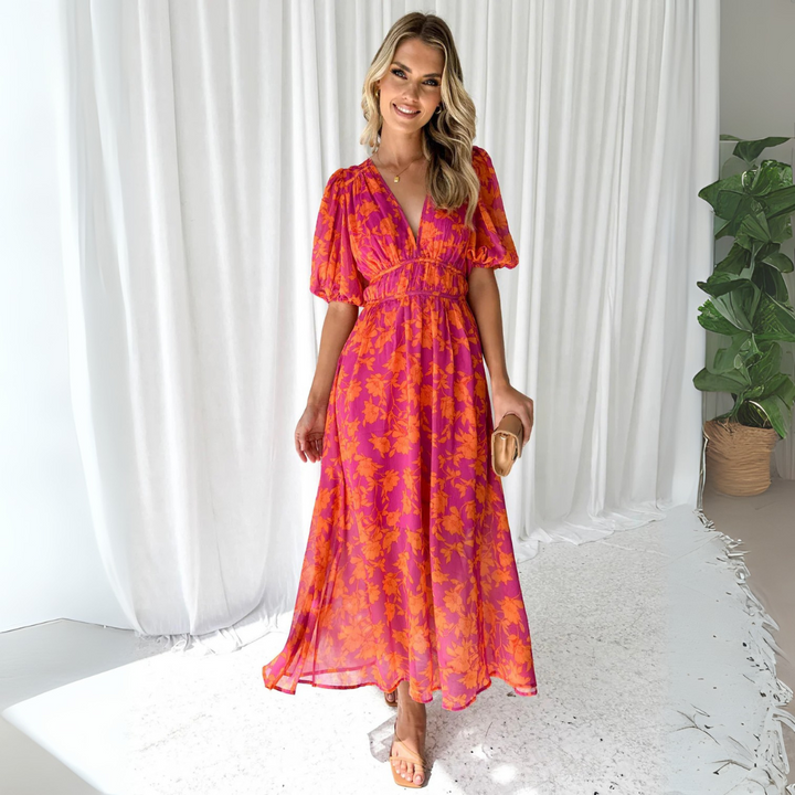 Sommerkleid für Damen - Geblümtes Midikleid mit V-Ausschnitt und Puffärmeln
