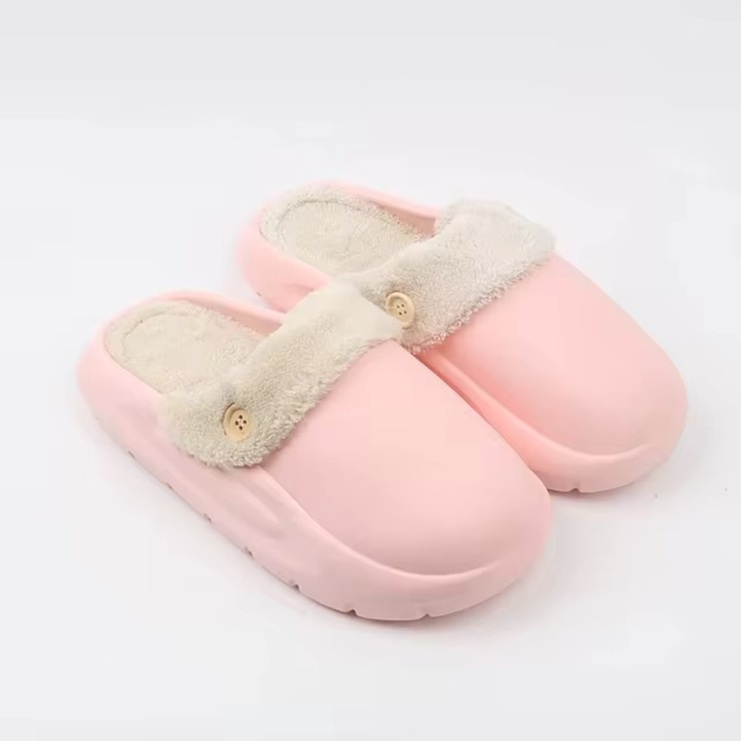 Rosa Hausschuhe mit Plüschfutter und Knopfdetail, gemütliche Damen-Pantoffeln, rutschfeste Sohle, ideal für den Winter, bequem und warm.