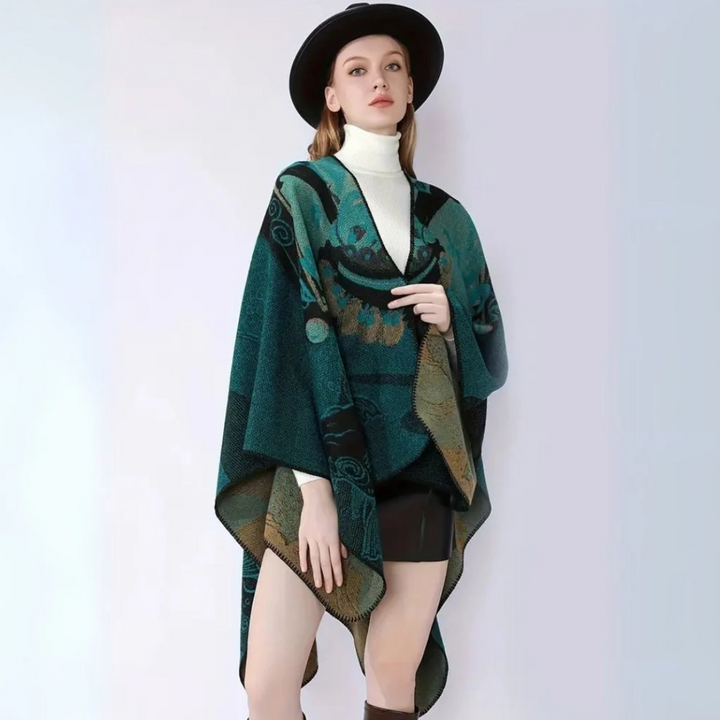 Runenstein Reversible Poncho aus weichem Kaschmirimitat mit Fischmotiven