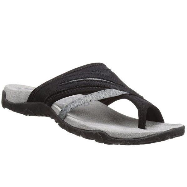 Schwarze Damen-Sandale mit Zehensteg, ergonomischer Sohle und grauen Akzenten. Bequeme Sommerschuhe für Freizeit und Strand.