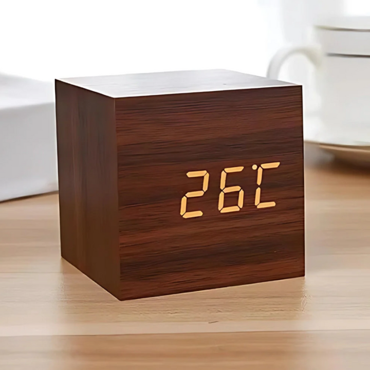 Cube LED-Wecker | Moderner Holzmaserung-Designwecker mit Temperaturanzeige