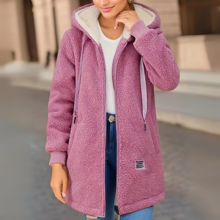 Fleecejacke für den kalte Tage - Stilvolle Lange Übergansjacke mit Kapuze für Damen