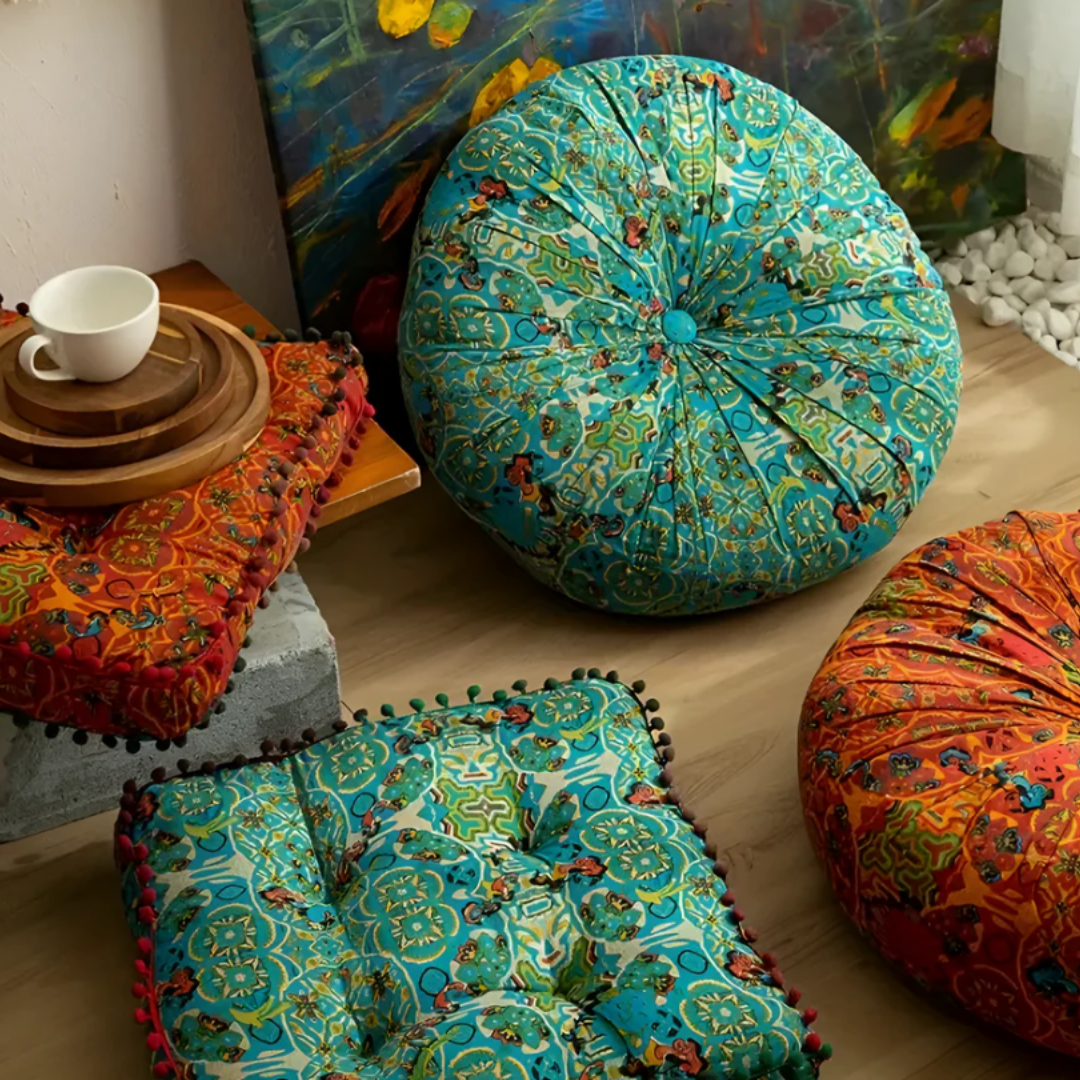Böhmisches Bodenkissen mit Stickerei | Kunstvolles Sitzkissen mit orientalischen Mustern für Zuhause