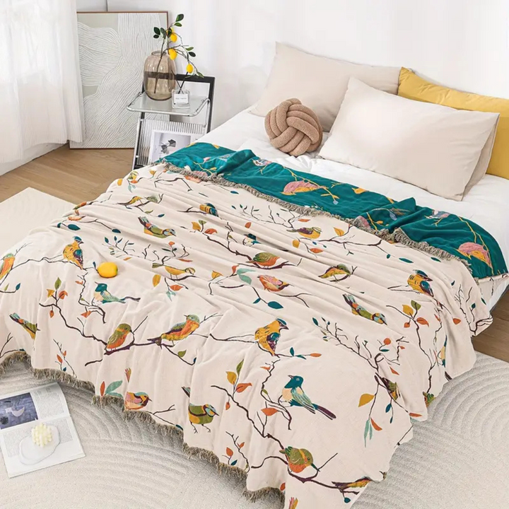 Whimsical Bird Quasten-Baumwolldecke | Boho-Wohndecke mit Vogelmotiv und dekorativen Fransen