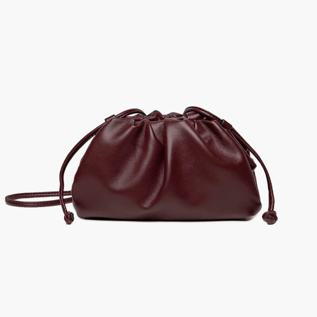 Dunkelrote Lederhandtasche mit Kordelzug, modisches Accessoire, elegantes Design, ideal für Damen, vielseitig und stilvoll.