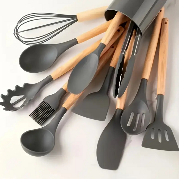Silikon Küchenutensilien Set | Hitzebeständiges 12-teiliges Kochgeschirr mit Bambusgriffen